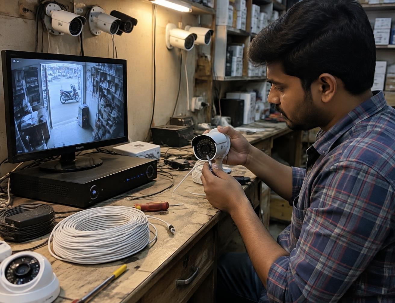Technician testing a CCTV camera on a monitor at the Darbhanga CCTV Center workbench